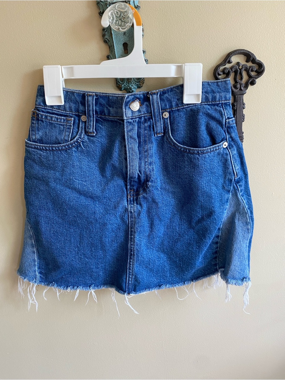 Madewell Blue Denim Frayed Hem Mini Skirt